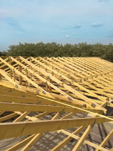 charpente industrielle en bois vue intérieur fermette